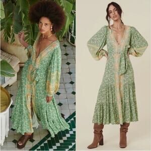 SPELL Madame Peacock Button Through Maxi Gown Emerald Green Womens XS Boho Chic